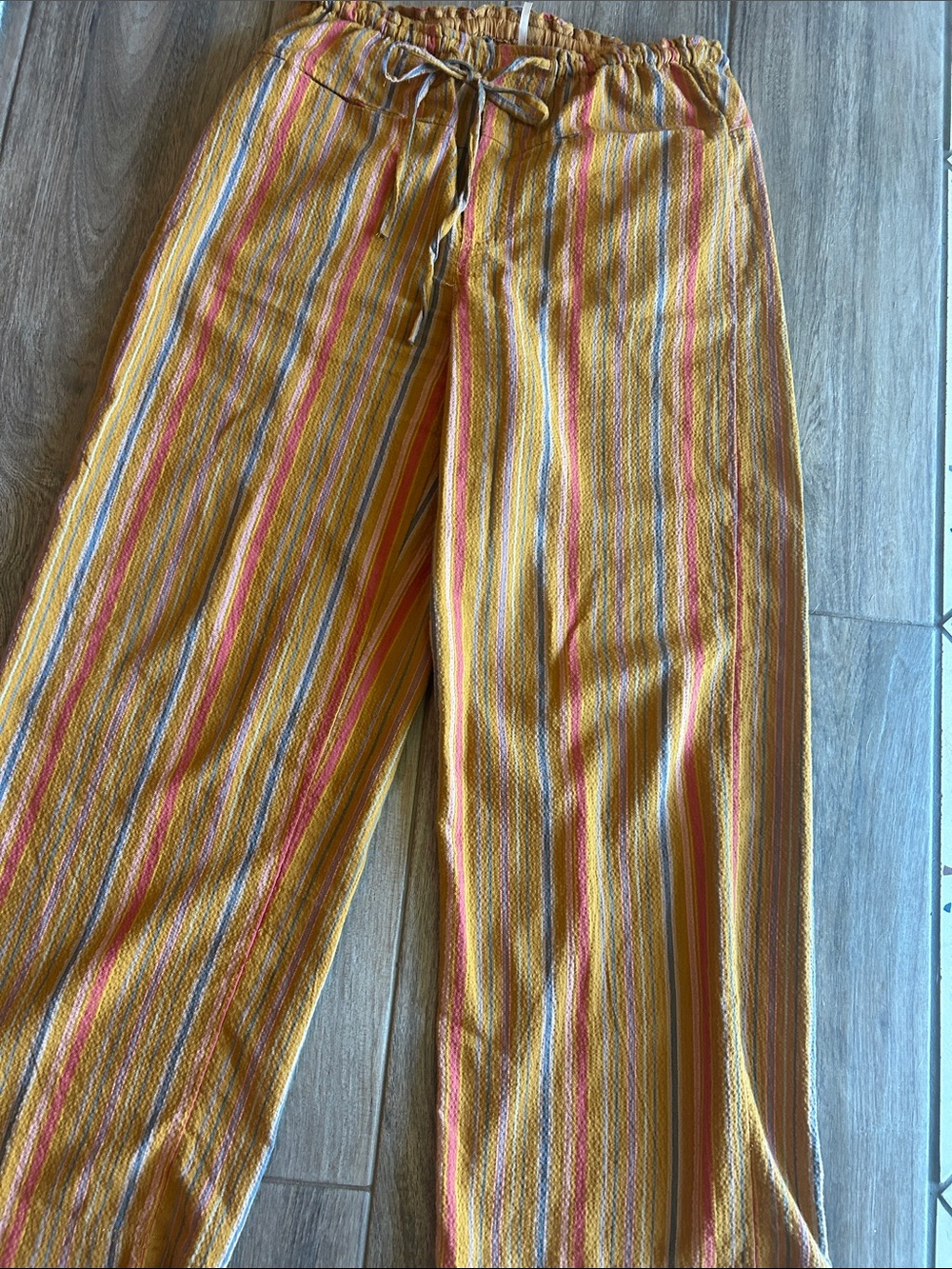 Free People Hudson Canyon Pants, Yellow Multi-Stripe Linen-Blend Drawstring Pant
